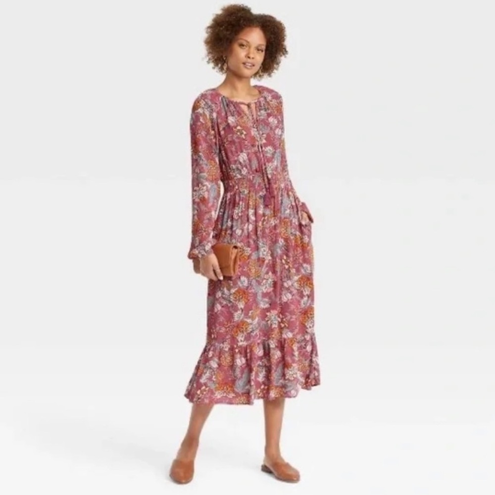 Knox Rose Mauve Floral boho Peasant Midi Dress